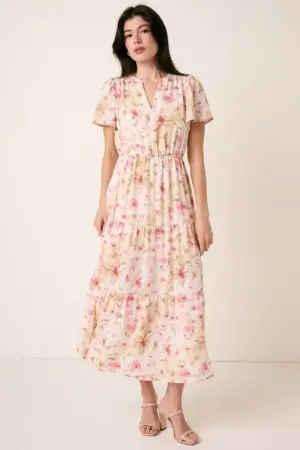Flower Print Flutter Sleeve V-Slit Maxi Dress
