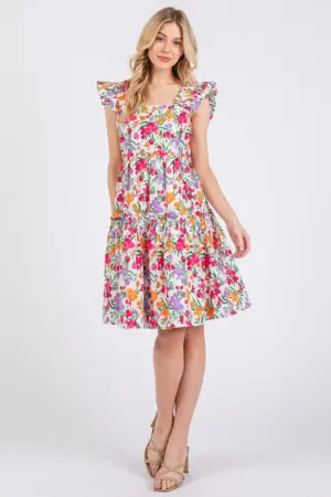 Flower Print Ruffle Shoulder A-Line Mini Dress