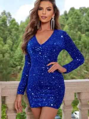 Sequin V-Neck Long Sleeve Mini Dress